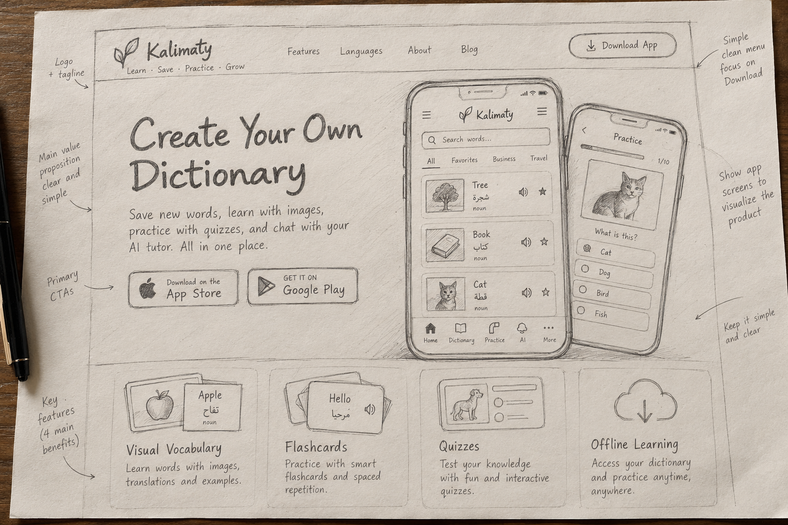 Kalimaty website initial paper sketch